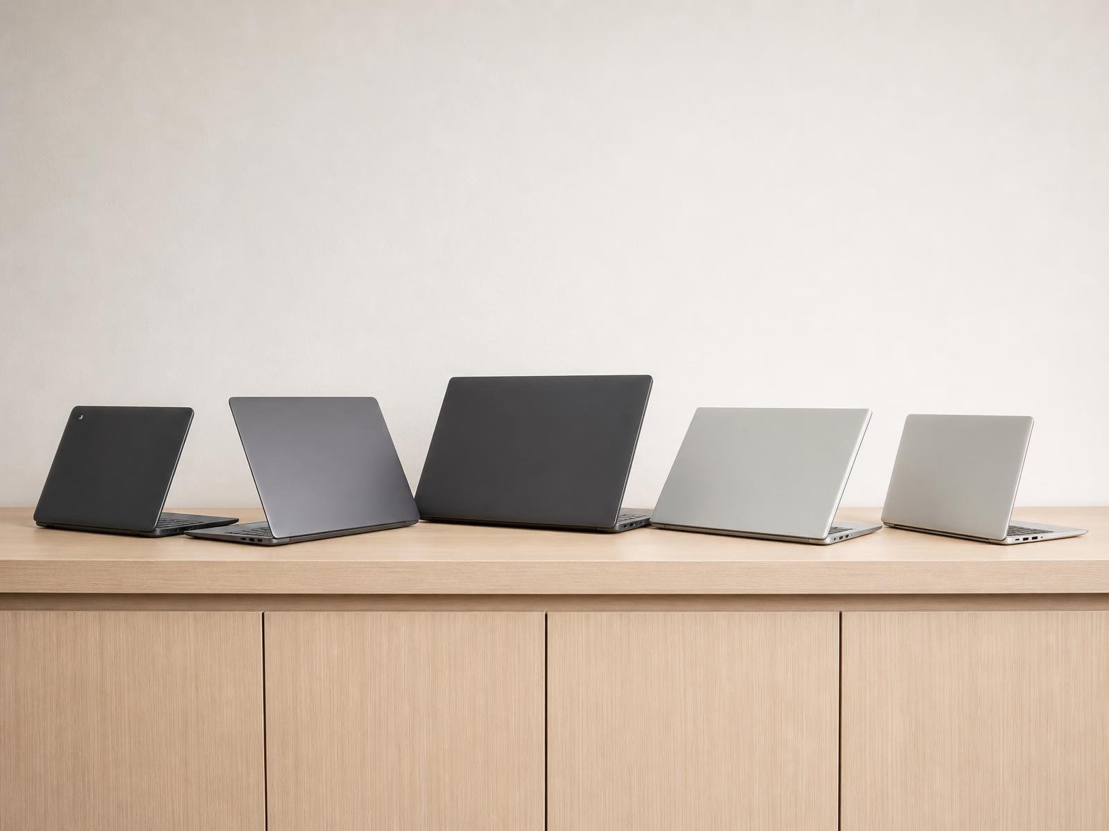 Row of tested imported laptops and Chromebooks in stock at Pakistan Business, Wah Cantt
