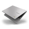 Samsung Chromebook 4 silver laptop with slim lightweight design shown in angled top view